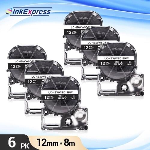 6Pcs SD12KW Tape for Epson SD12KW Label Tape 12mm x 8m White on Black Printer Tape for Epson King Jim LW-300 LW-400 Label Maker