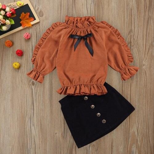 1-6Years Long sleeve Toddler Kids Baby Girls Lantern Sleeve Bow T shirt Tops Button Skirt Outfits Set tenue noel bebe fille M4