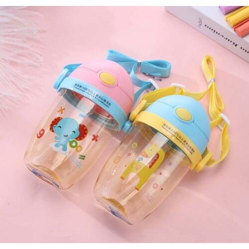 Children Plastic Straw Cup Bottle 360ml Baby Feeding Drinker with Straw Cute Portable Tumbler for Hiking Sippy Bottle with Strap