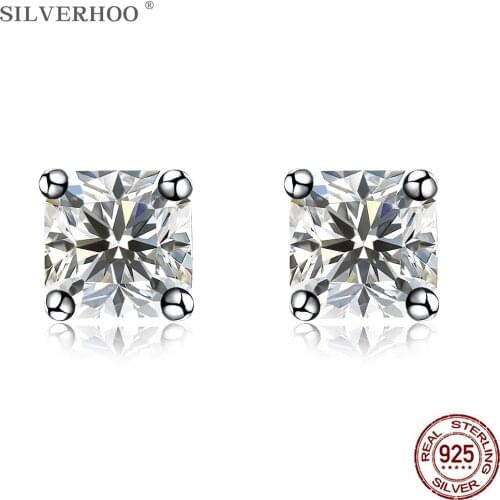 SILVERHOO 925 Sterling Silver Earrings Women Geometry Square Shining Cubic Zirconia Stud Earring Hot Sale Female Fine Jewelry