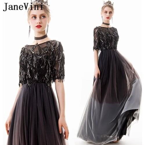 JaneVini Sexy Black Long Prom Dresses 2019 A Line Half Sleeve Sequins Tassel Tulle Formal Dress Floor Length Gala Jurk Plus Size