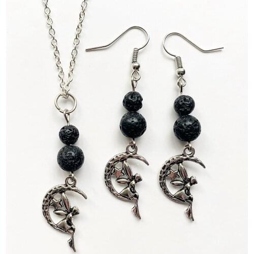 Black Lava Rock Stone Beads Necklace Fairy Angel Charm Pendant Necklace Set Semi-valuable Stones Earrings Drop Jewelry Set