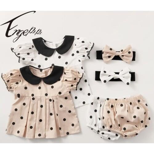 Engepapa Summer Infant Baby Girls Clothing Suit Dot Short Sleeve Cotton T-shirt+Shorts+Hair Band Baby Girls Clothes Set