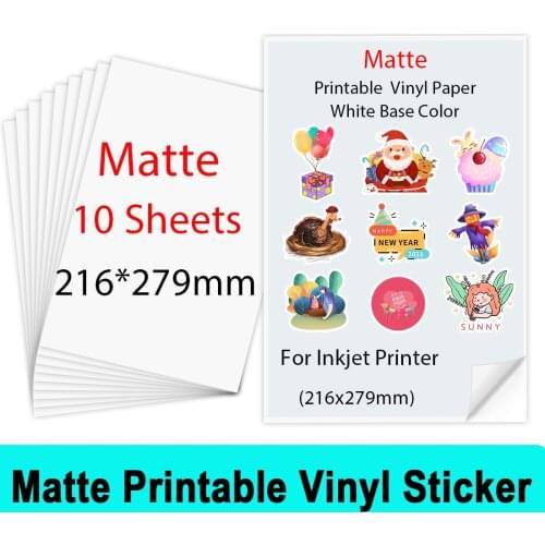 Matte Printable Vinyl Sticker Paper 10 Sheets 216*279mm Glossy self-adhesive Copy Paper Inkjet Printing Paper for Inkjet printer