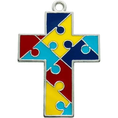 Fashion enamel color puzzle jigsaw autism metal cross pendant for autistic lucky amulet jewelry pendant