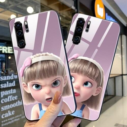 Fashion Funny Cute girl Protective Case For Huawei P30 Mate 30 Pro Tempered Glass Soft Edge cover for Huawei P30 Mate 30 Pro