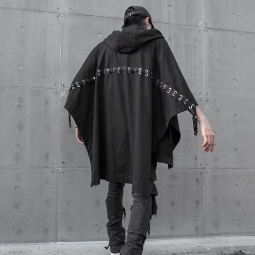 Men Ribbon Splice Hooded Shawl Jacket Cardigan Male Women Hip Hop Streetwear Punk Gothic Outerwear Coat Cloak Stage Clothing