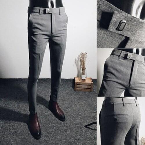 Mens Ankle Length Suit Pants Business Casual Slim Fit Trousers Solid Color Classic Office Formal Pant Wedding Social Clothing