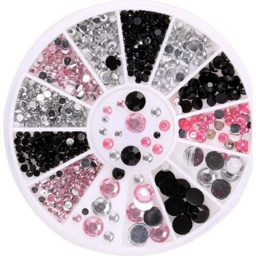 New ! 4 Sizes Black/Pink/Clear 3D Nail Art Rhinestone Pearls Flatback Nail Tips Sticker Decoration Wheel DIY Beauty Makeup Tools