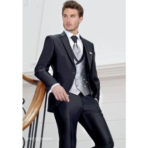 New Style Groom Tuxedo Shiny Black Groomsmen Peak Lapel Wedding/Dinner Suits Best Man Bridegroom (Jacket+Pants+Tie+Vest) B544