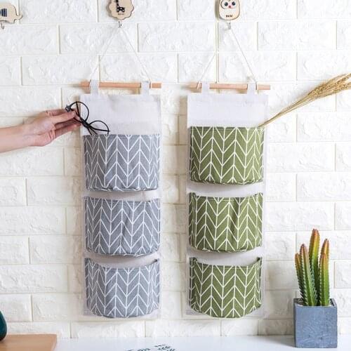 3 Pockets New Hanging Storage Bag Wall Mounted Wardrobe Sundries Hanging Bag Container Fabric Cotton Cloth Pouch Organizer