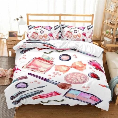 Luxury 3D Makeup Lipstick Print Kid Bedding Set Comfortable Pink Cosmetic Duvet Cover Pillowcase Home Textile Queen/King Size