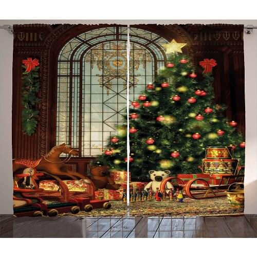 Christmas Curtain Magical Vintage Christmas Tree Horse Bear Kitchen Curtains Living Room Bedroom Decoration Curtains