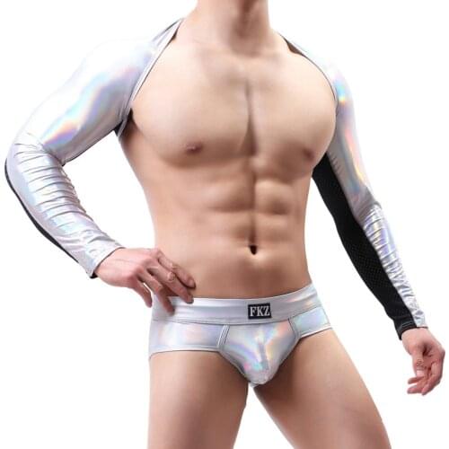 Sexy Mens Undershirt Shorts Patchwork PU Leather Arm Sleeves Male Faux Leather Men Bodysuit Party Club Stage Tops Gay Clothing