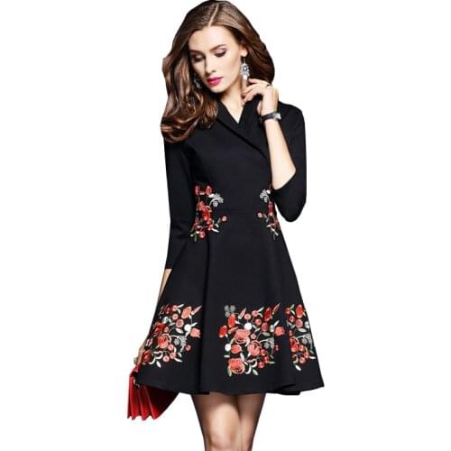 Spring Summer Women Dresses New Fashion Elegant Slim Female Dress 3/4 sleeve V-neck Embroidered Plus size Black vestido OK710