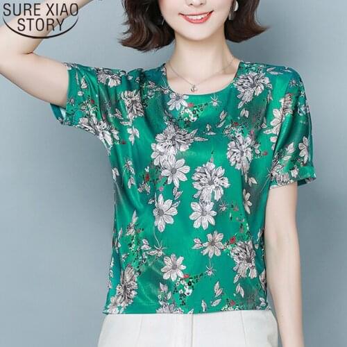 Silk Shirts Women Short Sleeve Vintage Floral Print Blouse Loose 2020 New Round Collar Plus Size Womens Tops and Blouses 9066 50
