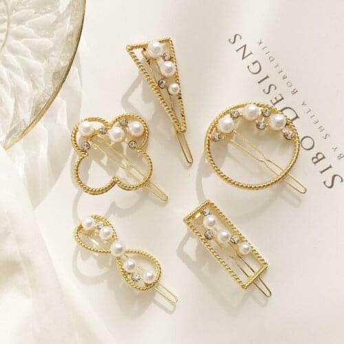 Korean Geometric Pearl Hairpin Crystal Hair Clips For Girls Women Elegant Triangle Hair Bow Barrette Hair Accessories Headwear