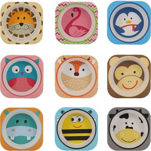 Health Kids Natural Bamboo Fiber Bowls Cute Cartoon Animal Dishes Baby Feeding Tableware Children Infant Toddler Plates Gift Box