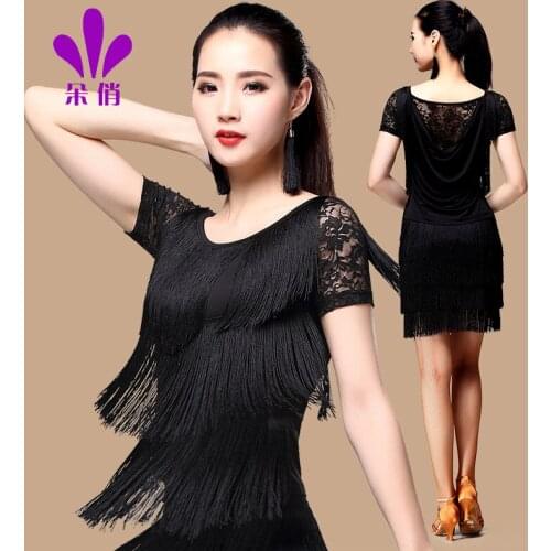 Lady Latin Dance Shirt Plus Size Short Sleeve Women Summer Sumba Dance Uniforms Female Adult Lace Tassels Practice Suit B-4334
