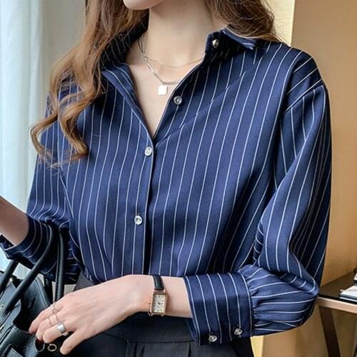 Blouse Women Blusas Mujer De Moda 2021 Turn Down Collar Striped Office Blouse Long Sleeve Chiffon Blouse Shirt Women Shirts D393