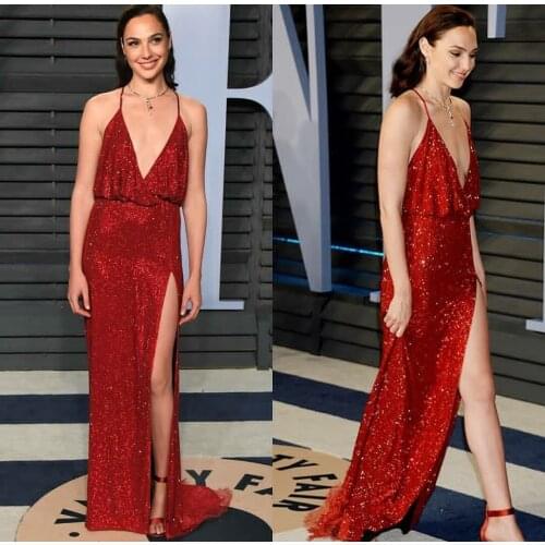 Long Sexy Deep V-Neck Sequined Celebrity Dresses Sweep Train Burgundy Split Robe De Soiree Floor Length Formal Gowns for Women
