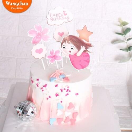 1 Set Sweet Little Girl Flower Heart Theme Cake Topper Happy Birthday Cake Decoration Lovely Kids Birthday Party Supplies