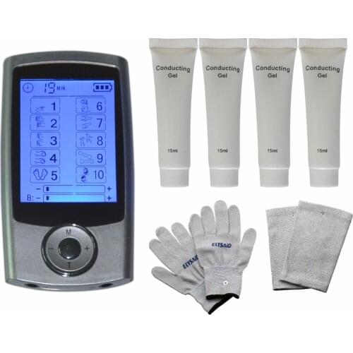10Modes TENS Physiotherapy Healthcare Massager Muscle Relax Smoothing+1Pair Massage Gloves+1Pair Knee Pads+4Pcs Conducting Gels