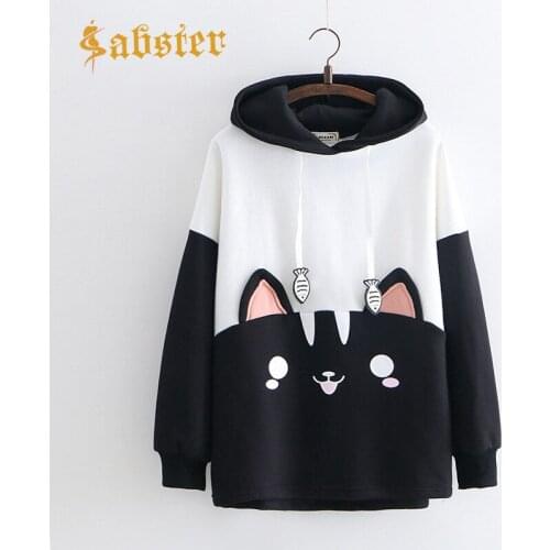 2019 Kawaii Women Hoodies Animal Lovely Pullover Cat Sweatshirt Harajuku Soft Girls Black Pullover Tracksuit Outerwear kz680