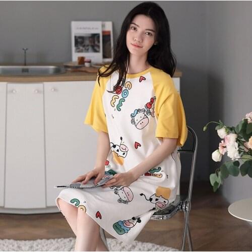 2021 Summer Plus Size 3XL Short Sleeve Cotton Print Nightgown for Women Korean Sleepwear Night Gown Nightdress Home Dress Nighty