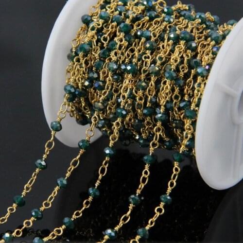 5Meter Green Glass Beads Link Rosary Chains,Green stones with Gold Plated Wire Wrapped Chain Necklace bracelet Jewelry Findings