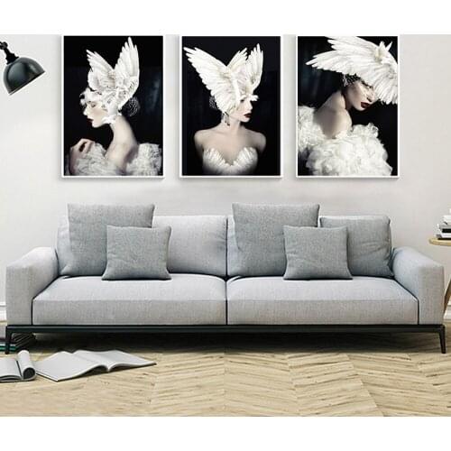 Abstract Nude Girls Feather Canvas Painting Prints Posters Fashion Women Wall Art Pictures for Living Room Modern Decor