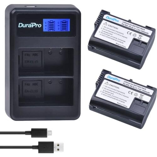 2 x DuraPro EN-EL15 ENEL15 EN EL15 Battery + LCD USB Dual Charger for Nikon D800E D800 D600 D7100 D7000 D7100 V1 MB-D14 Camera