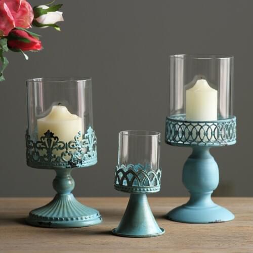 American country retro Decor Glass Candle Holder Home Furnishing iron ornaments decoration 3 selection