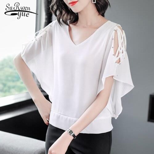 Fashion Woman Blouses 2020 Summer New Chiffon Blouse Solid V-neck Tops Plus Size Butterfly White Clothes Blusas 9178 50