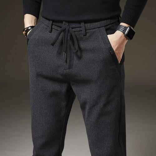 New Pants Slim Smart Casual Pants Full Length Brushed Fabric Business Stretch Trousers Male Black Blue Pantalones 38