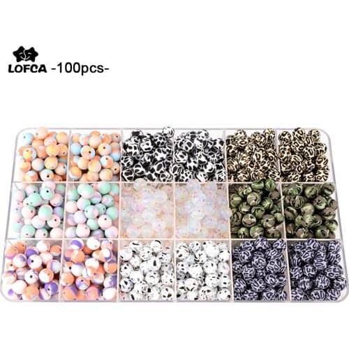 LOFCA 100pcs Tie dye leopard Terrazzo Dalmatian camo Silicone Loose Beads Baby Teether BPA Free DIY Necklace Pacifier Chain Baby