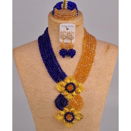 Royal blue champagne gold AB african wedding beads costume jewelry set nigerian necklace crystal jewelry set for women 6CHL