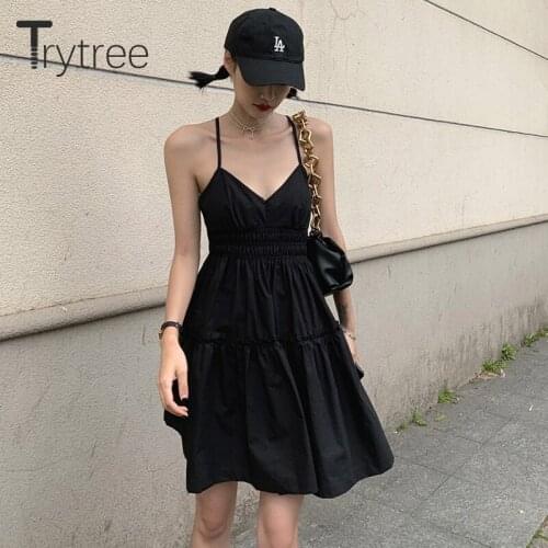 Trytree 2021 Summer Womens Dress Casual Cotton Sexy Club Solid Black Spaghetti Strap Dress A-line Party Dresses Beach Outing