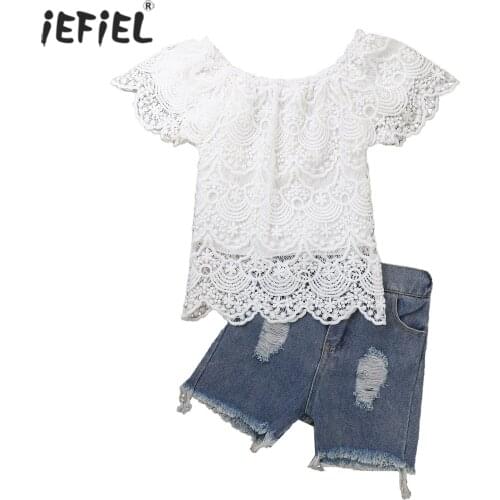 Summer Kids Baby Girls Clothes Sets Off Shoulder Ruffle Lace Short Sleeve T-shirt Tops Blue Denim Shorts 2pcs Children Clothing