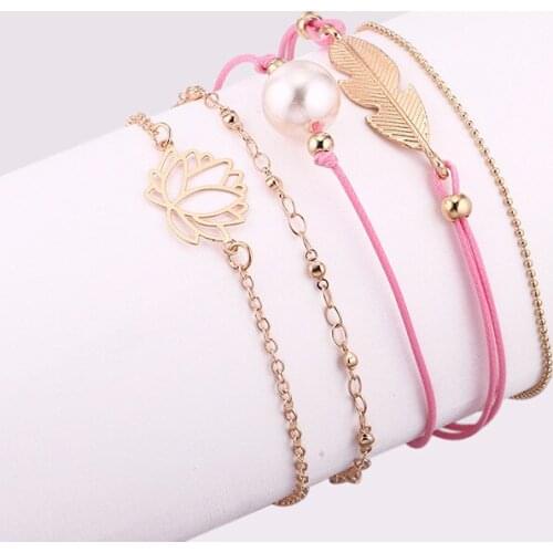Trendy Multilayer Chain Female Bracelets & Bangle Geometric Metal Leaves Lotus Imitation Pearl Charm Bracelet for women Jewelry