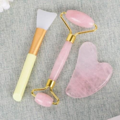 3 Pcs Set Face Care Massage Tool Rose Quartz Roller Gua Sha Kit Natural Crystal Jade Massager Facial Neck Skin Beauty Health