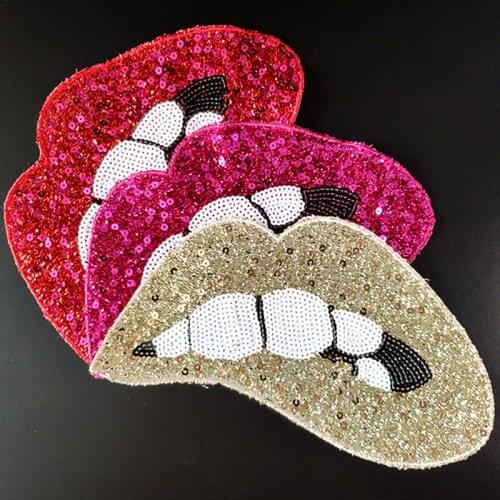 273mm Lips Logo Biker Patches for clothing Women 3Color Sequined Fabric Sequins Strange thingst Patch T-shirt Clothes Stickers
