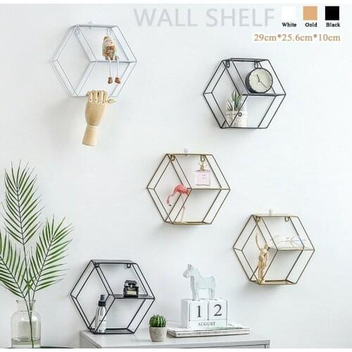 1PC Hexagon Metal Wire Wall Shelf Storage Floating Shelves Loft Dorm Decor Modern Living Room Decorative Shelf 29*25.6*10cm
