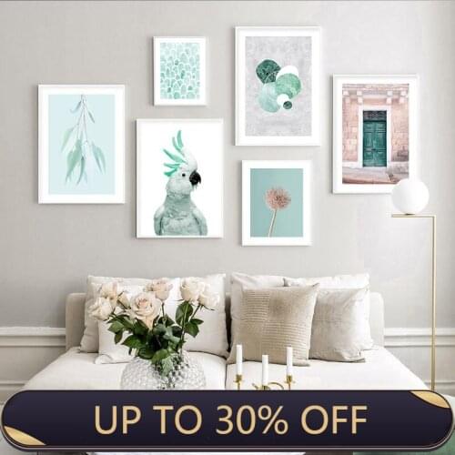 Pink Parrot Leaf Plant flower Old Door Nordic Poster Abstract Wall Art Print Canvas Painting Wall Pictures For Living Room Decor