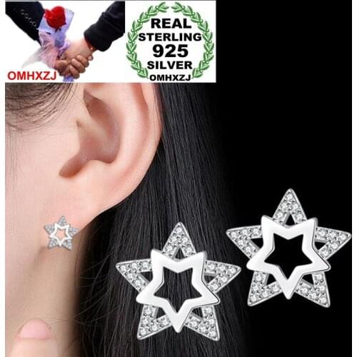 OMHXZJ Wholesale Geometric sweet Fashion OL For Woman Lady Party Gift Double Star Zircon 925 Sterling Silver Stud Earrings YS401