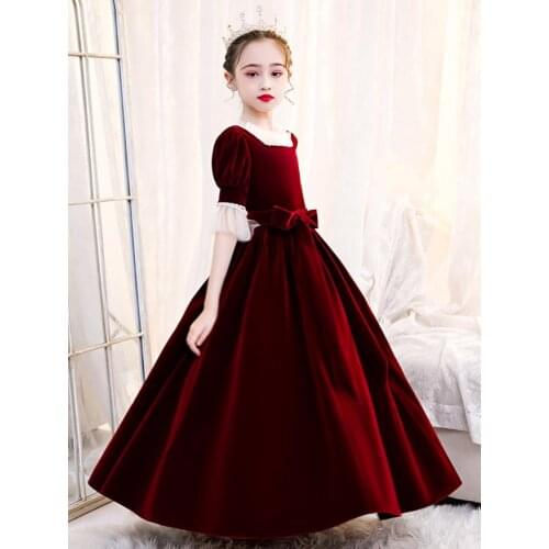 Flower Girl Dresses Wedding Evening Gowns O-Neck Short Sleeve Wine Red Corduroy Kid Catwalk Dress For Girls Birthday Party L702