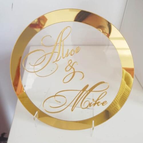 Custom Round Wedding Name Mirror Frame Acrylic Sticker Babyshower Name Sign Circle Shape With Base Party Table Decors Favor Gift