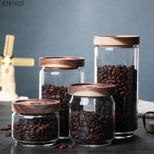 Transparent Glass Food Storage Jar with Wooden Lid Sealed Coffee Bean Tea Storage Jar Nut Candy Box Kitchen Container Home Decor