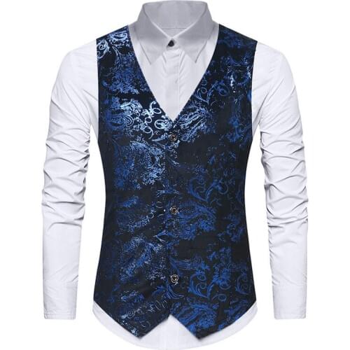 Luxury Paisley Floral Print Vest Men 2020 Brand New Royal Blue Sleeveless Vest Waistcoat Mens DJ Club Party Wedding Groom Vests