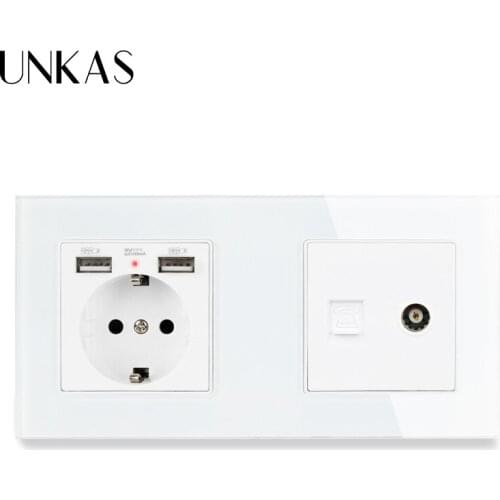 UNKAS Crystal Glass Panel EU Standard Electric Socket with 2 USB + 1 Gang RJ11 Telephone and Female TV Jack Connector 172*86mm